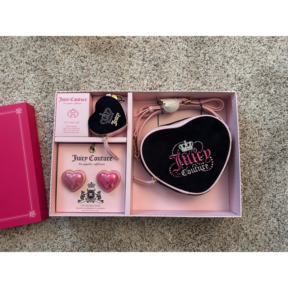 Juicy Couture black pink heart purse, lip gloss duo, key chain set NIB NWT